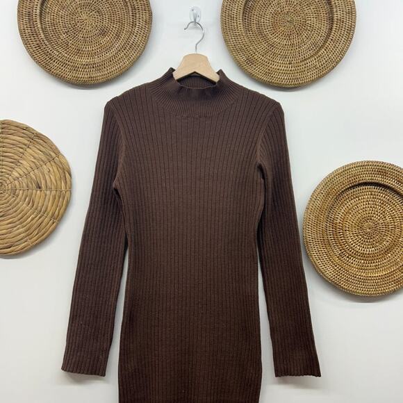 ASOS Neutral Brown Mock Neck Stretch Ribbed Knit Midi Sweater Dress 10 - Picture 3 of 6